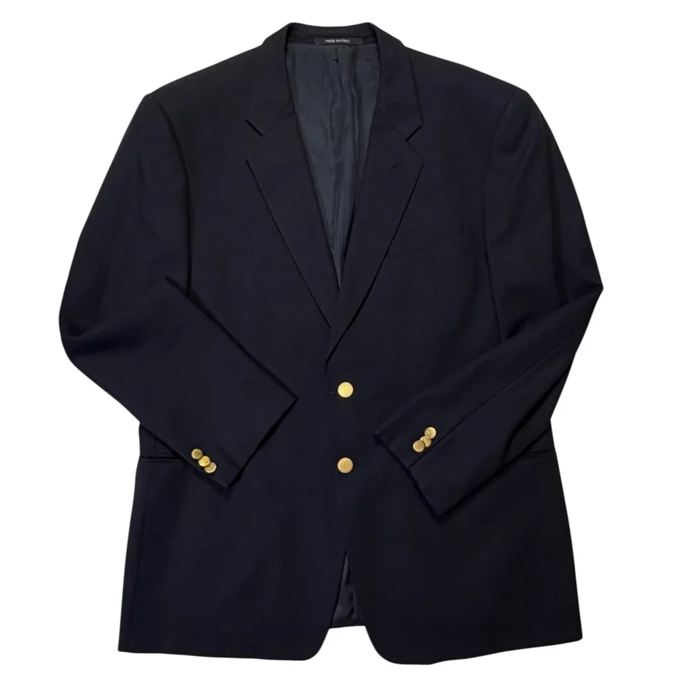 Vintage Italian Luxury Armani Collezioni Navy 100% Wool Blazer 44R Gold Buttons